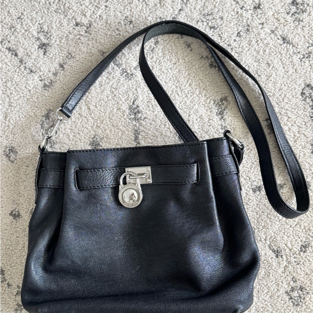 Michael Kors Black Leather Crossbody Bag with Silver Accent